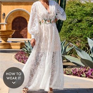 Size 12, Boston Proper Lace Balloon Sleeve Slit Maxi Dress.